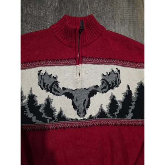 Chaps VTG Mens 2XL Sweater 1/4 Zip Red Moose Print Pullover Outdoors Cabin - Picture 2 of 10